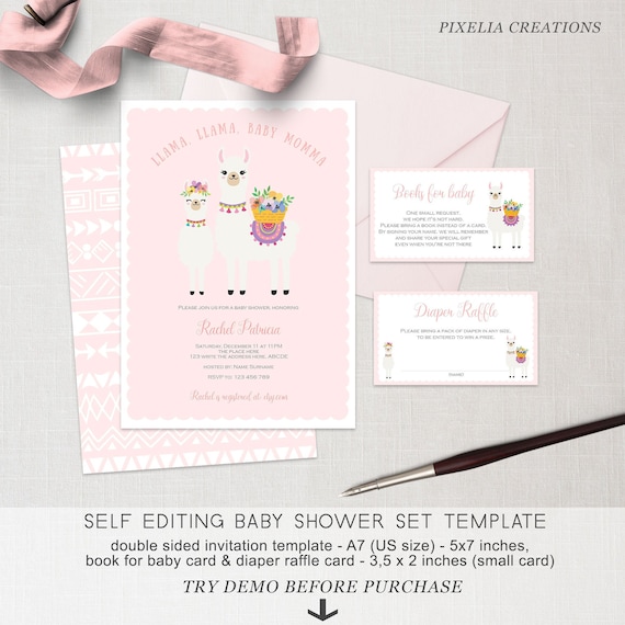 Llama baby shower, llama diaper raffle card, llama books for baby, Llama invitation, Printable, template, Instant download, x7 invitation. Il_570xn