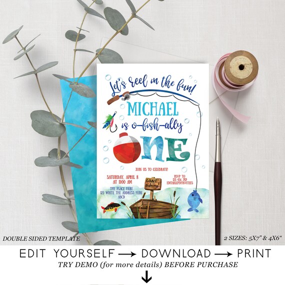 Gone Fishing Birthday Invitation, Fishing Party, The Big One, Printable, First Birthday, for Boy, Instant Download, Editable Invite, PDF Il_570xn