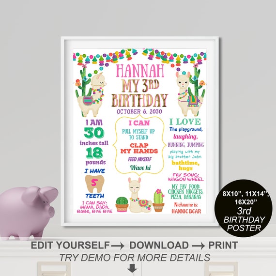 Llama Birthday, 3rd Milestones poster, Whole Llama Fun, Third Birthday Poster, Instant Download, Printable , Template, Self editing, US SIZE Il_570xn