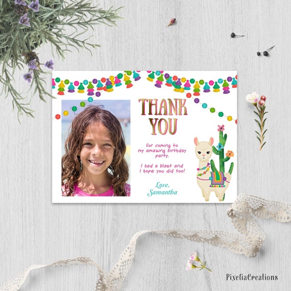 Llama, thank you card with photo, Birthday thank you card, Llama birthday Party, Printable, Instant download, template Il_570xn