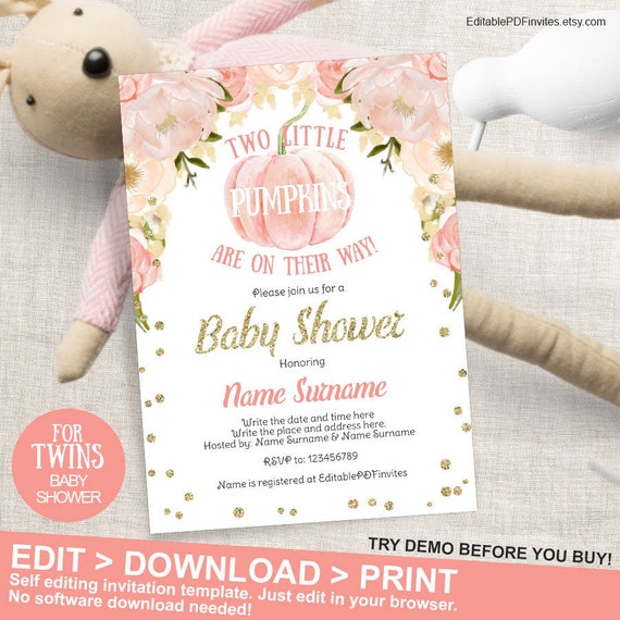 Pumpkin, Twins, Baby Shower, Invitation, Fall Baby Shower, Autumn Baby Shower, Instant Download, Twins Baby Shower Invites, 5x7 Il_570xn