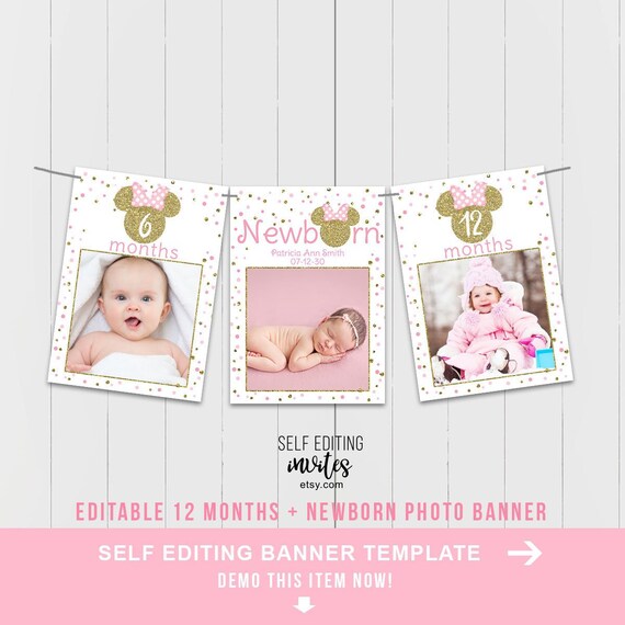 Minnie Mouse, Pink and gold, Photo banner, 12 months, 1st Birthday, Photo Banner Girl Birthday, Birthday Banner, Instant Download, 5x7" Il_570xn