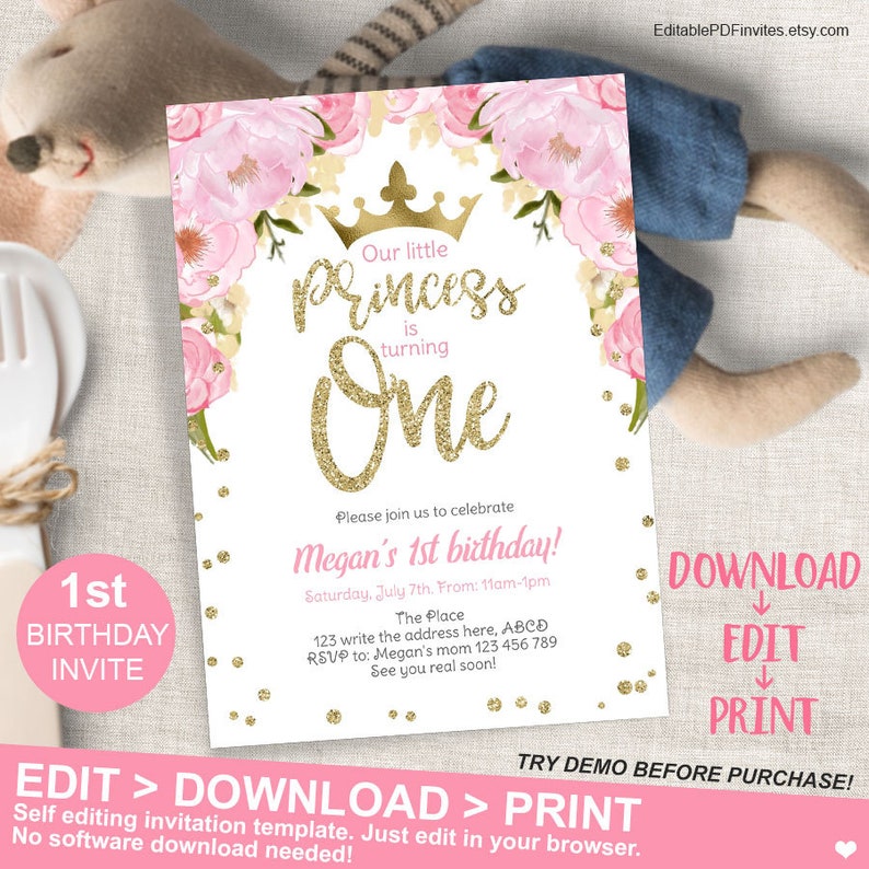princess birthday invitation princess invitation first birthday invitation editable princess invite pink gold 1st birthday invitation princess first birthday invitations