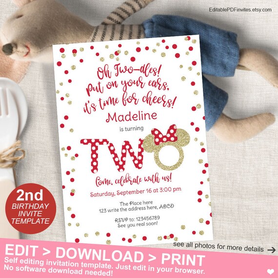 Minnie Mouse, Invitation, 2nd Birthday, Minnie Invitation Red, Gold Glitter, Polka Dot, Girl Invitation, Second Birthday, Instant Download Il_570xn