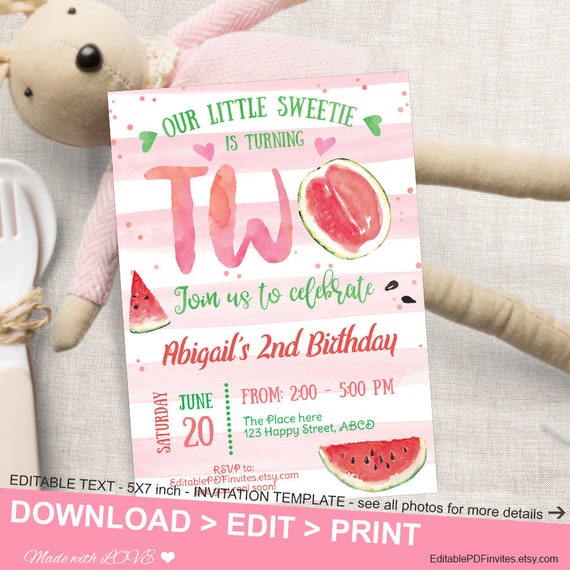 Watermelon Party Invitation, Second Birthday, Watermelon Invites, Fruit Invite, Summer Birthday, Instant Download, Editable, Printable,PDF Il_570xn