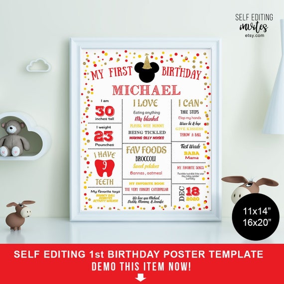 Mickey Mouse, Milestone Birthday Poster, Mickey Mouse 1st Birthday Poster, 1 year stat Poster, Boy 1st Birthday, Self Editing Il_570xn