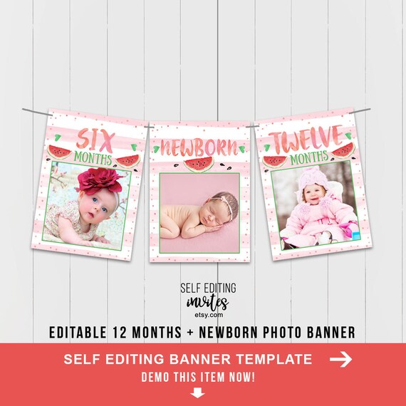 Watermelon, First Birthday, 12 months photo banner, Watermelon Birthday, Photo Banner 1st Birthday, Printable, Self Editing, Template Il_570xn