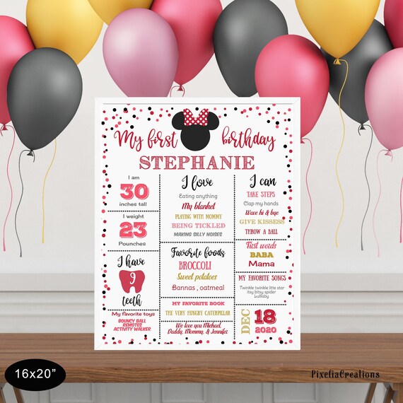 Minnie Mouse, 1st birthday stat poster, Girl, First Birthday decoration, Minnie 1st Birthday, Printable, Birthday Milestone Poster. Il_570xn