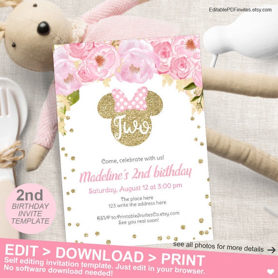 Pink Gold Glitter Minnie Mouse Birthday Invitation Girls Birthday Invitation Floral Flowers Editable Invite Template Instant Download