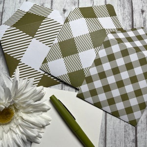 Olive Green & White Plaid Mini Envelopes, Note Cards, Set of 3 Envelopes, Journal Envelopes