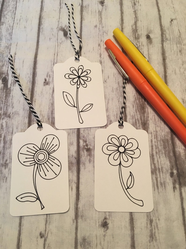 Set of 12 Gift Tags Color Your Own Gift Tags Flower Gift Tags