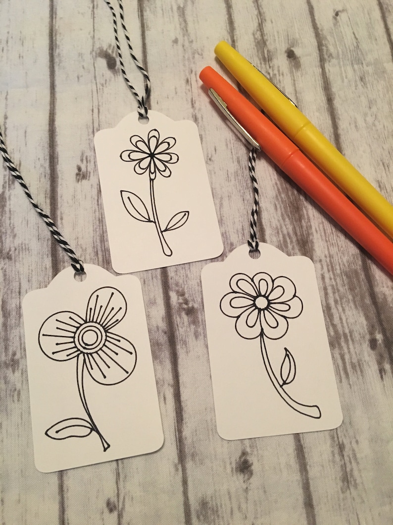 Set of 12 Gift Tags Color Your Own Gift Tags Flower Gift Tags