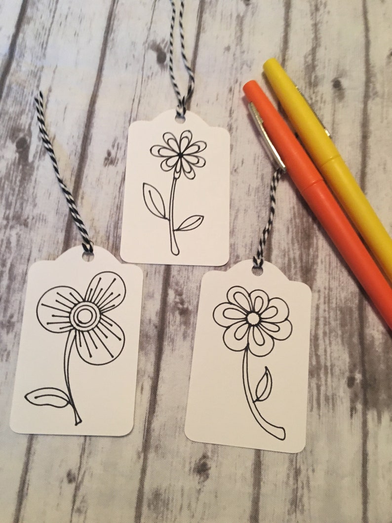 Set of 12 Gift Tags Color Your Own Gift Tags Flower Gift Tags