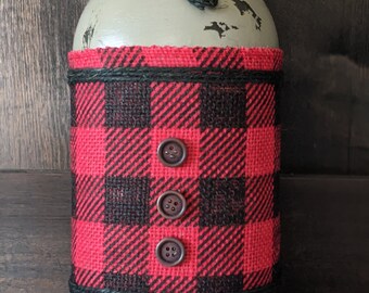 Distressed Mason Jar- Gray w/ red plaid