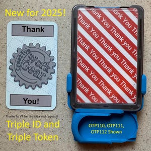 May include: An image featuring a blue and black device with a screen displaying "Thank You" in red and white stripes. A card with "Thank You" and "Creative Work Gear" is also present. Text reads "New for 2025!" and "Triple ID and Triple Token."