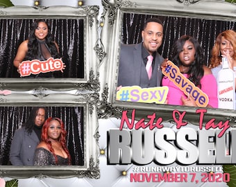 Plantilla para fotomatón, rosas rosas, blanco y plateado, DESCARGA INSTANTÁNEA