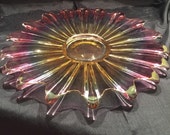 Vintage mid century modern carnival glass platter, pink and rainbow