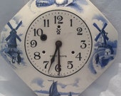 Irving Miller Wall Clock, Blue Holland Theme, Eight Day Wind Up, Vintage Ceramic Clock, Delft Type Blue, Shabby Chic, Cottage