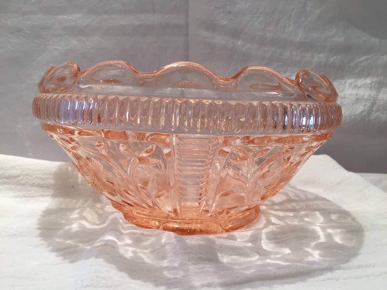 Pink Depression Glass Bowl Scalloped Edge Etched Floral | Etsy
