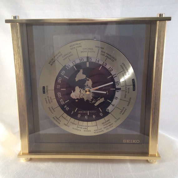 Vintage Clock Seiko World Gold Frame 24 Hour Mid Century Desk Mantle