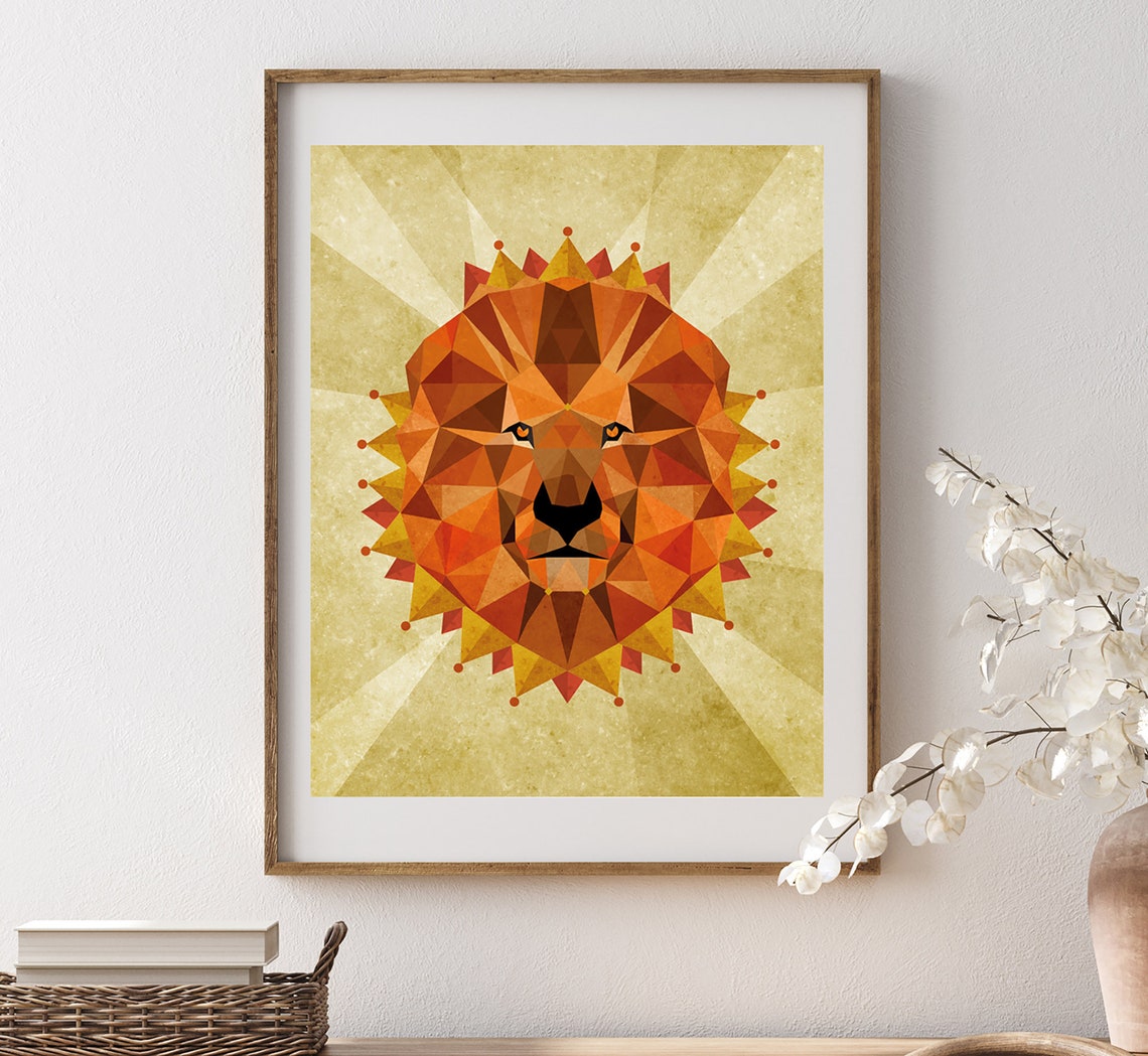 Geometric Lion art. Wall art. Lion portrait. Animal art. Etsy