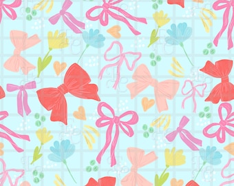 Spring Coquette Bows & Floral Seamless Pattern (PNG Digital Download)