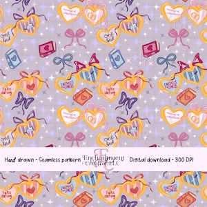 Könnte beinhalten: Ein nahtloses Muster mit herzförmigen Designs, Schleifen, Büchern und Sternen auf hellviolettem Hintergrund. Die Herzen zeigen Sätze wie "One Bed", "Fake Dating" und "Enemies to Lovers". Der Text "Hand drawn • Seamless pattern Enchantment Creative, LLC Digital download • 300 DPI" ist ebenfalls vorhanden.