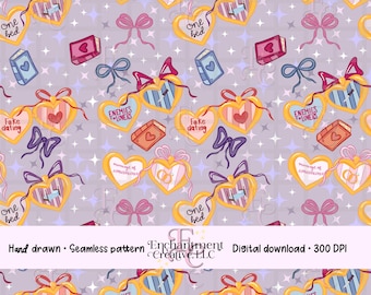 Romance Book Tropes Seamless Pattern | PNG Digital Paper | Enemies to Lovers, Fake Dating, Marriage of Convenience, One Bed | Coquette Book