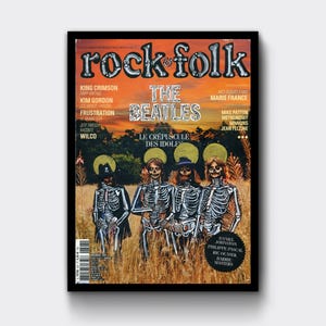 Couverture du magazine &quot;rock et folk&quot; des Beatles. Peinture originale de squelette sur photo avec posca doré. Papier glacé, dimension 21 x 29,7 cm signé