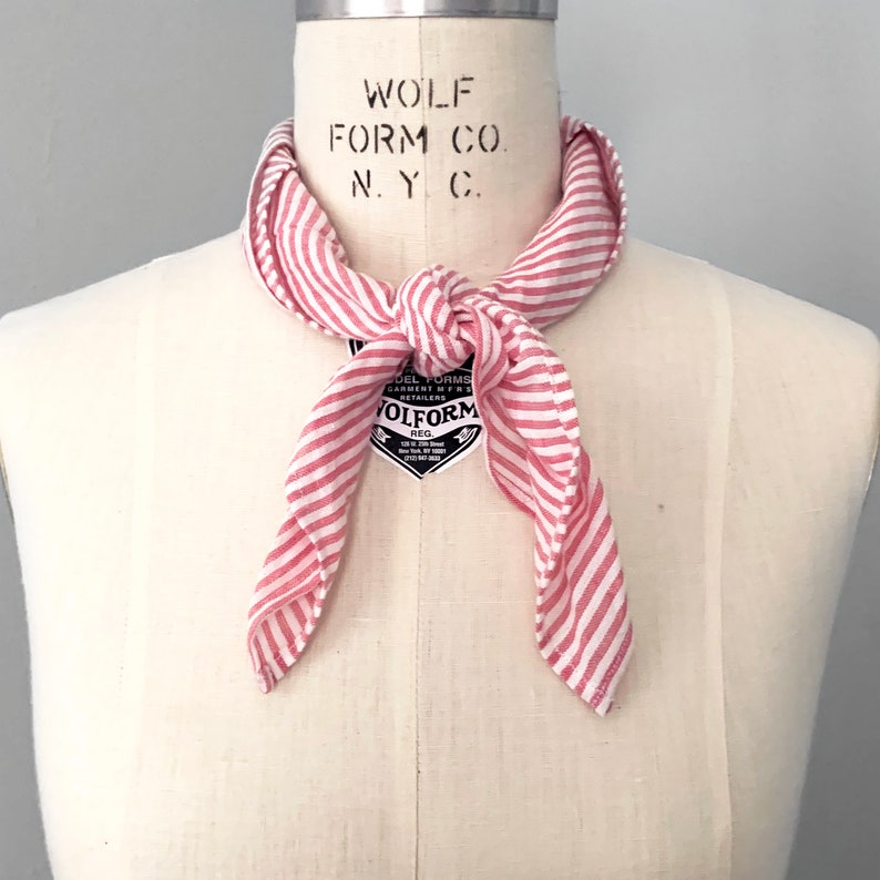 and Neck Tie. Neck Kerchief White and Pink Striped Seersucker Cotton Neck Scarf Head Scarf Handmade Bandana Also functions as an Ascot