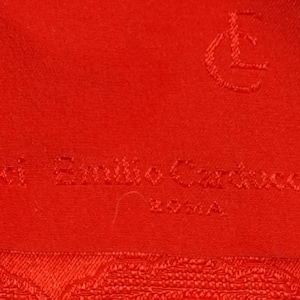 Può includere: Tessuto rosso con un motivo intrecciato e il testo "Gucci Emilio Pucci" in bianco.