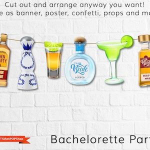 May include: A set of printable bachelorette party decorations featuring a tequila bottle, shot glass, margarita glass, and two bottles of liquor. The decorations are strung on a line and have the text "Hen Party", "Bride to Be", "Team Bride", and "Miss to Mrs."
