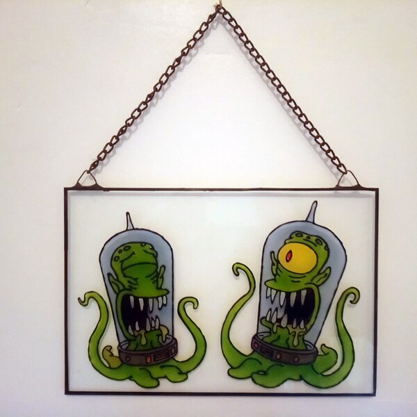 Kang and Kodos | Aliens | Treehouse of Horror | The Simpsons | Hand Painted Faux Stained Glass | Hanging Wall Art | Sun-catcher | Black