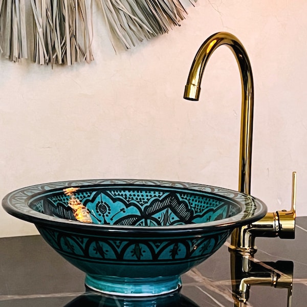 Fregadero marroquí marroquí hecho a mano, fregadero de cerámica, recipiente de baño y cocina, lavabo redondo pintado a mano, decoración del hogar, fregadero de cerámica