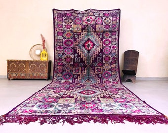Vintage Moroccan Boujaad Rug 6x14 ft, purple moroccan rug, handmade furniture, flower rug, area rug