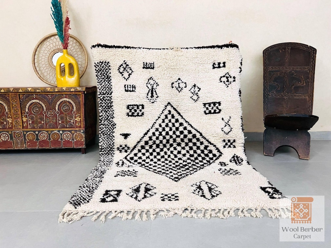 Custom Moroccan Beni Ourain Rug Bold Black and White Patterns Handmade ...