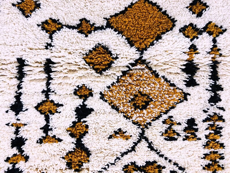 Custom Moroccan Beni Ourain Rug Vibrant White With Golden and Black