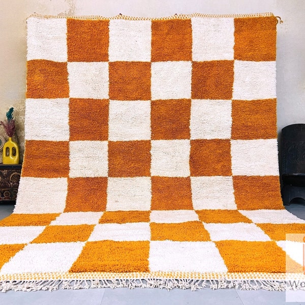 Custom Chess Checker Moroccan rug checkered board rug Beni Ourain rug Orange white Checkerboard rug Moroccan rug checker Rug