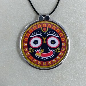 Handmade 92.5 Sterling Silver Hindu God Jagannath ji Kind of Vishnu Religious Photo Print Glass Framed Handmade Tribal Boho Necklace Pendant