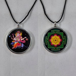 Collana con ciondolo con stampa a colori in argento sterling 92,5 fatto a mano, con cornice in vetro, raffigurante il dio indù Shree Ganesha e Ganesh Yantra, reversibile, con foto unica