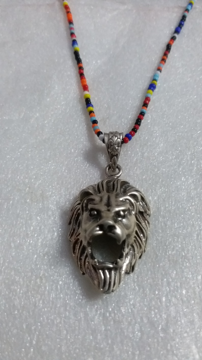 Handmade 92.5 Sterling Silver Deity Loin Face Charm Ethnic Boho Tribal Beautiful Handmade Silver Pendant\u00a0/& Multi Coloured Glass Beads Mall