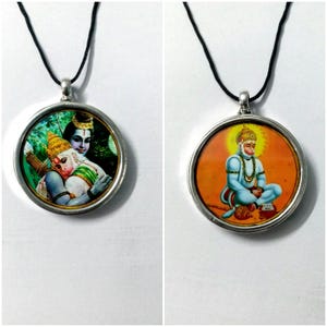 Handgjort sterlingsilverhänge av hinduisk gud: Shree Ram och Hanuman vändbart halsband