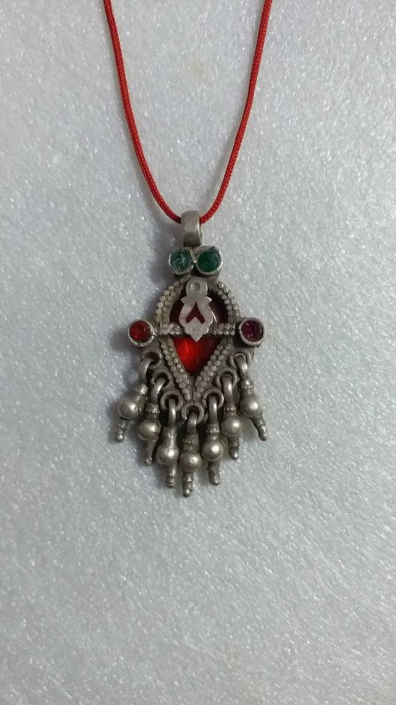 Handmade Vintage Rare Real Old Sterling Silver Dangles Red and green Stone Pendant Tribal Boho Charm Antique Silver Bell Necklace Pendant