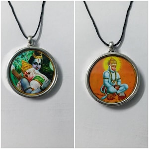 Ciondolo con cornice in vetro stampato a colori in argento sterling 92,5 fatto a mano, dio indù Shree Ram ji e Hanuman ji, collana con foto unica reversibile, medaglione