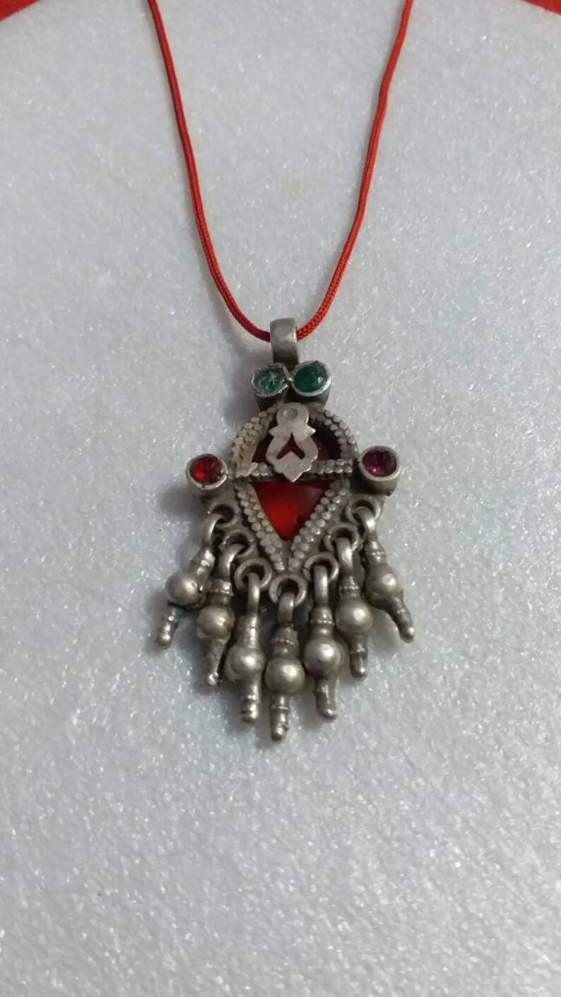 Handmade Vintage Rare Real Old Sterling Silver Dangles Red and green Stone Pendant Tribal Boho Charm Antique Silver Bell Necklace Pendant