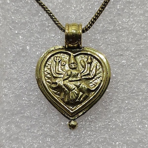Handmade Hammered Yellow Brass Hindu Lion Riding Goddess Durga Maa Pendant With 22in Brass Chain And Colour String Beautiful Tribal Necklace