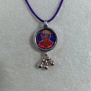 Handmade 92.5 Sterling Silver Dangle Hindu Tantra Goddess kali Mata Religious Photo Print Glass Framed Silver Tribal Bell Pendant Necklace