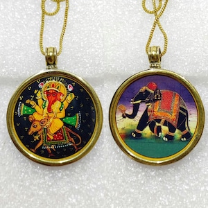 Handmade Yellow Brass Glass Framed Lord Ganesha And Elephant Both Side Photo Print Reversible Pendant Necklace With 22 Inches Brass Chain