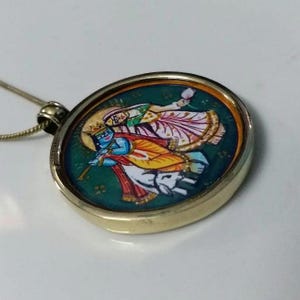 Handmade Yellow Brass Glass Framed Handmade Deity Radha Krishna  Photo Print Religious Pendant With 22inch Chain Tribal Boho Charm  Necklace