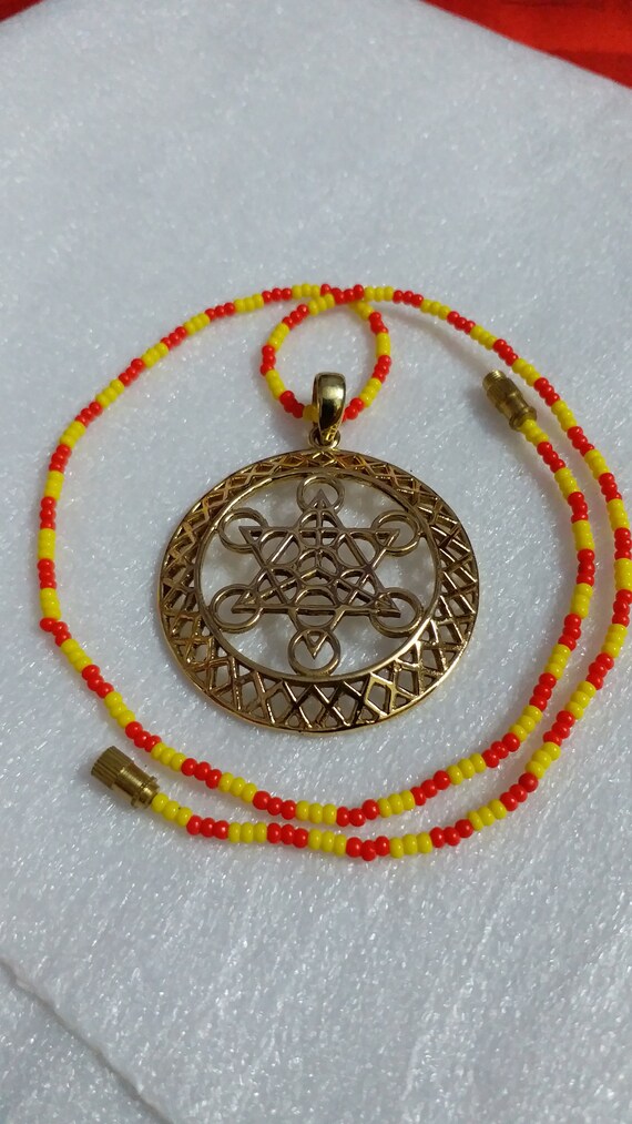 Handmade Solid Yellow Brass Metatrons Cube Flower Of Life Beautiful Pendant With Multi Coloured Glass Beads Mala Colour String - Metatron S Cube Glass Pendant Handmade Solid Yellow Brass Metatrons Cube Flower Of Life Beautiful Pendant With Multi Coloured Glass Beads Mala Colour String - Metatron S Cube Glass Pendant